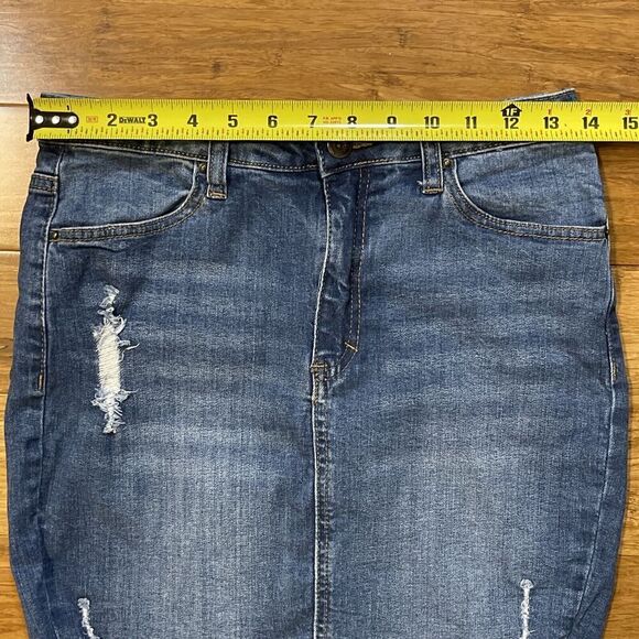 Wax Jean Distressed Denim Mini Skirt Women's Small Blue Wash Raw Hem Rockabilly - Picture 6 of 8